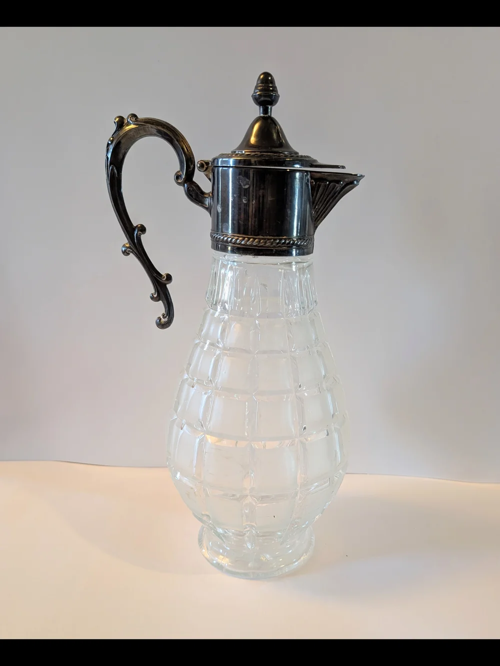 Etched Crystal Sheffield Pitcher Silver Plated Lid and Handle Hand‎ Cut